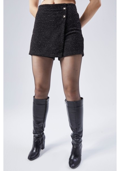 Kadın Siyah Tüvit Mini Düğme Detaylı Şort Etek indirimleri