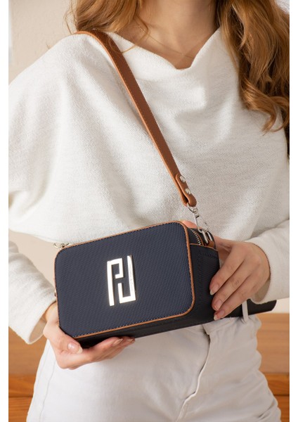 Kadın Lacivert Taba Çapraz Askılı 2 Bölmeli Kutu Mini Omuz ve El Çantası PBU5024