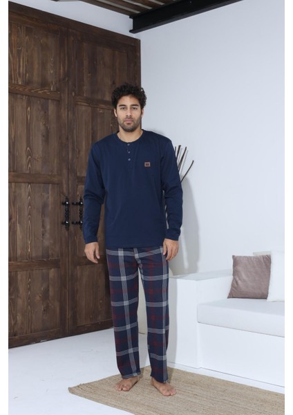 Uzun Kollu Düğmeli Ekose Desen Erkek Pijama Takımı
