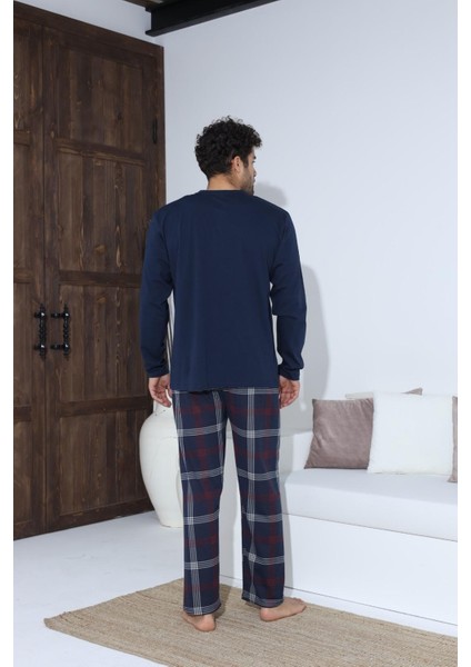 Uzun Kollu Düğmeli Ekose Desen Erkek Pijama Takımı