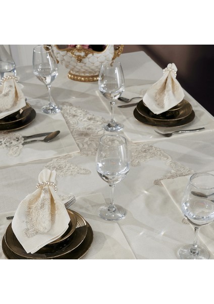 Roma Linen Kumaş Krem – Taş Nakışlı 38 Parça Masa Örtüsü Seti