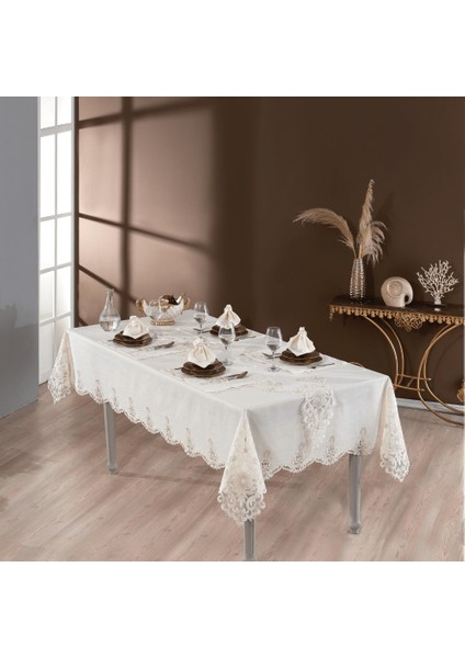 Roma Linen Kumaş Krem – Taş Nakışlı 38 Parça Masa Örtüsü Seti fiyatları