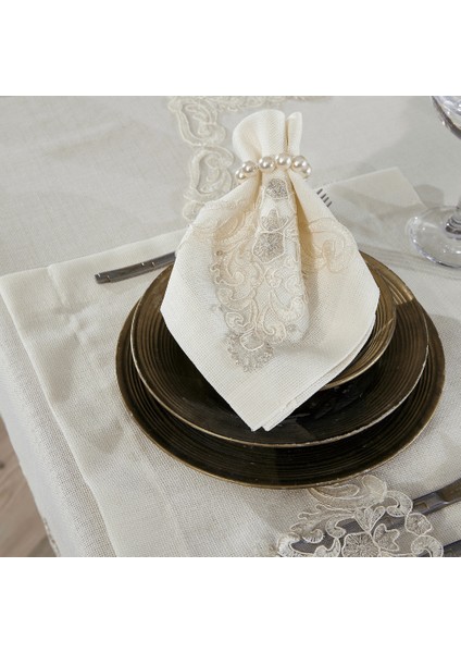 Roma Linen Kumaş Krem – Taş Nakışlı 38 Parça Masa Örtüsü Seti fırsatları