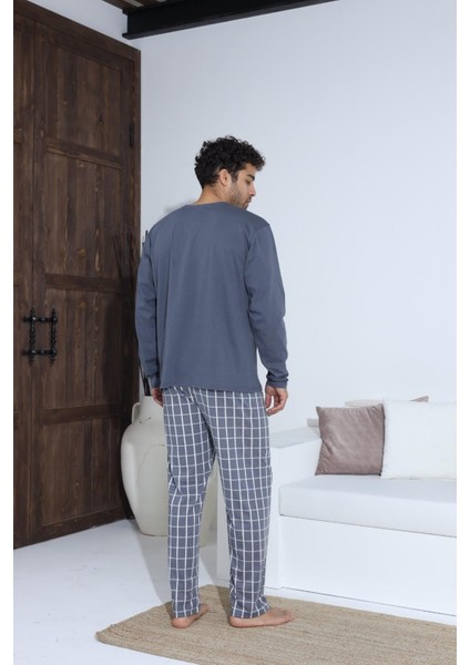 Uzun Kollu Düğmeli Ekose Desen Erkek Pijama Takımı