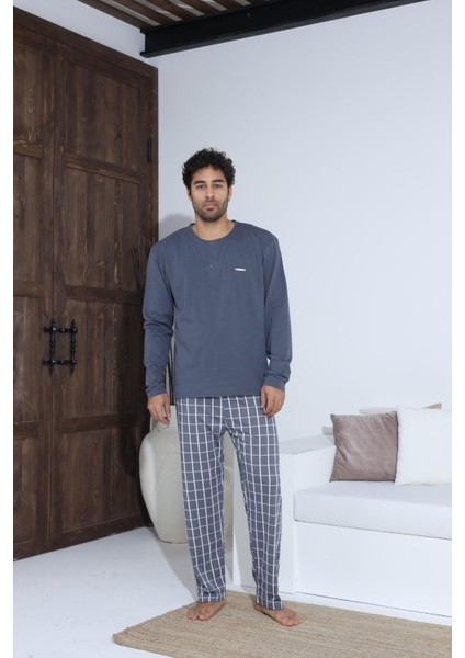 Uzun Kollu Düğmeli Ekose Desen Erkek Pijama Takımı