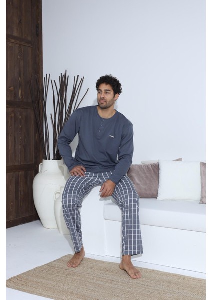 Uzun Kollu Düğmeli Ekose Desen Erkek Pijama Takımı