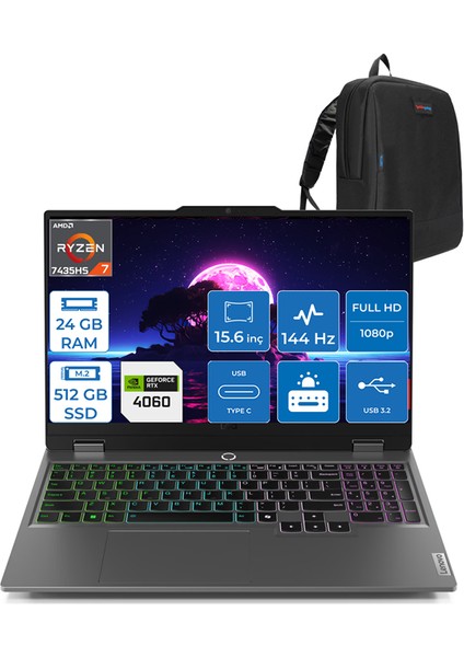 Loq Amd Ryzen 7 7435HS 24GB Ddr5 512GB SSD 8GB/RTX4060/105W Freedos 15.6" Fhd 144Hz Yapay Zeka Destekli Taşınabilir Bilgisayar LQ83JC00E7TRF05 + Zettaçanta