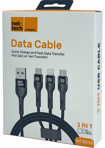 ENT-DC13 Ip Örgü 100 cm USB To Micro + Lightning + Type-C Şarj ve Data Kablosu