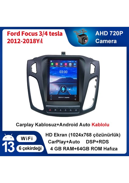 Ford Focus 3/4 Tesla (2012-2018) Android Kablosuz Carplay Navigasyon Multimedya Ekran