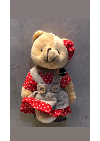 Sevimli Elbiseli Tulumlu Ayıcık Peluş Oyuncak Anahtarlık Uyku Arkadaşı Hediyelik 12 cm