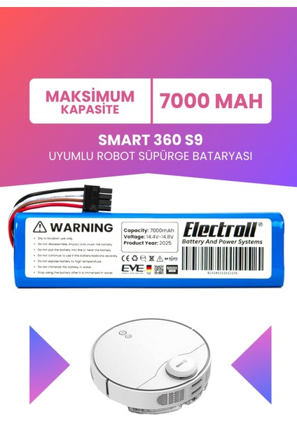 Smart 360 S9 Uyumlu Batarya (MAKSİMUM KAPASİTE) 7000mah Robot Süpürge Bataryası Değişimi 360RCS9US