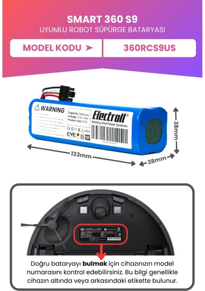 Smart 360 S9 Uyumlu Batarya (MAKSİMUM KAPASİTE) 7000mah Robot Süpürge Bataryası Değişimi 360RCS9US fiyatları