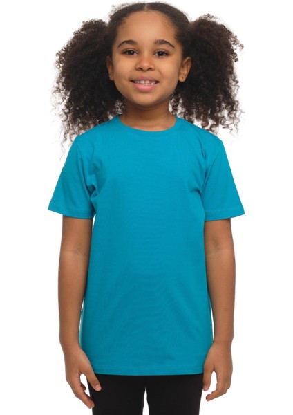 Koyu Turkuaz Basic Unisex Çocuk Sıfır Yaka Kısa Kollu Tişört
