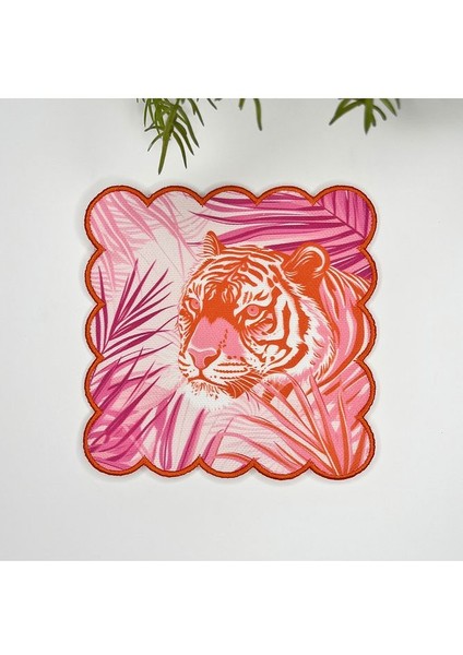 Tropikal Yapraklar ve Kaplan Maximalist Tasarımlı Nakış Kenar Kumaş Kokteyl Peçetesi 1 Adet