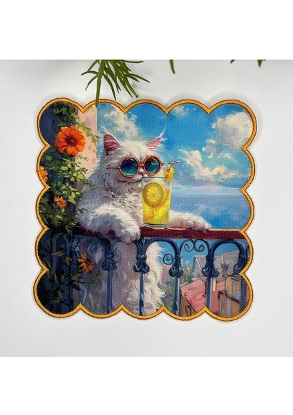 Yağlıboya Tatilci Beyaz Kedi Tasarımlı Nakış Kenar Kumaş Kokteyl Peçetesi 1 Adet