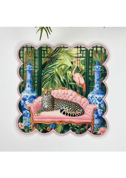 Maximalist Çita Flamingo ve Tropikal Tasarımlı Nakış Kenar Kumaş Kokteyl Peçetesi 1 Adet