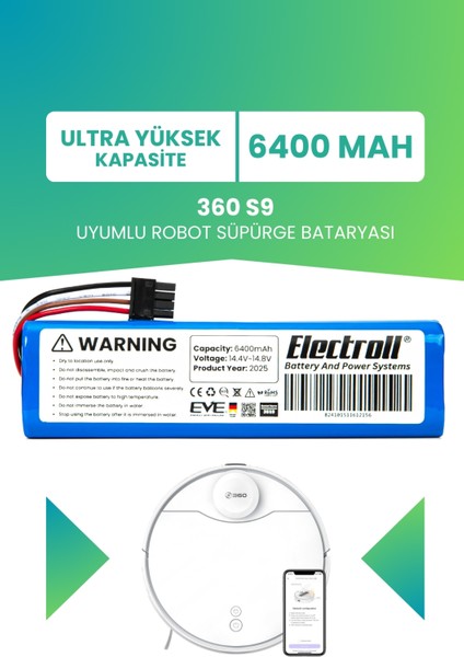360 S9 Uyumlu Batarya (ULTRA YÜKSEK KAPASİTE) 6400mah Pil Robot Süpürge Batarya Değişimi