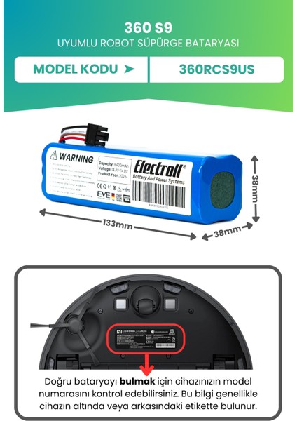 360 S9 Uyumlu Batarya (ULTRA YÜKSEK KAPASİTE) 6400mah Pil Robot Süpürge Batarya Değişimi fiyatları