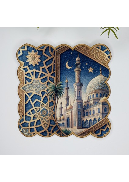 Gece Cami Motifli Ramazan Temalı nakış Kenar Kumaş Kokteyl Peçetesi 1 Adet