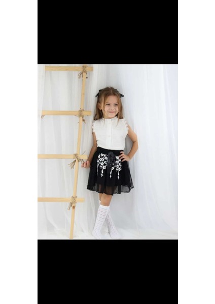 Minilkabebe Dantelli Bluz &tül Etekli Kız Çocuk Takım Siyah-Beyaz