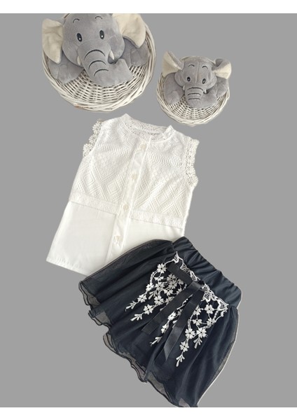 Minilkabebe Dantelli Bluz &tül Etekli Kız Çocuk Takım Siyah-Beyaz modelleri