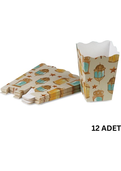 12LI Ramazan Temalı Patlamış Mısır, Şeker Kutusu, Popcorn, Ikram Kutusu, 6X6X11 Cm, Krem Renk