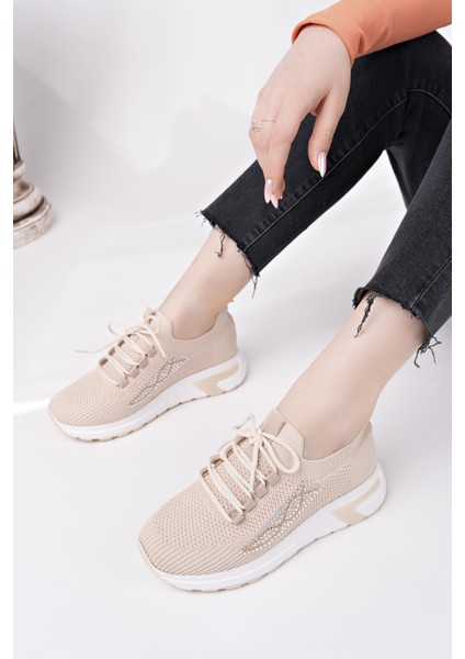 Martha Kadın Kalın Taban Günlük Triko Taşlı Bağcıklı Sneaker Spor Ayakkabı indirimleri