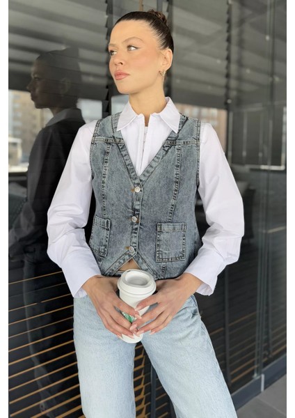 Kadın Cepli Jean Kot Yelek