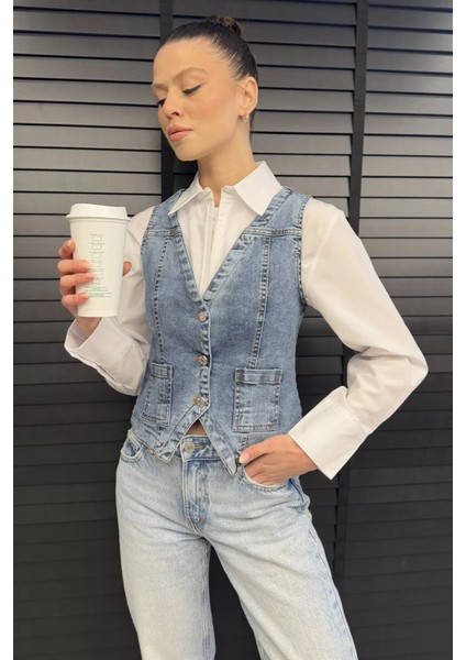 Kadın Cepli Jean Kot Yelek