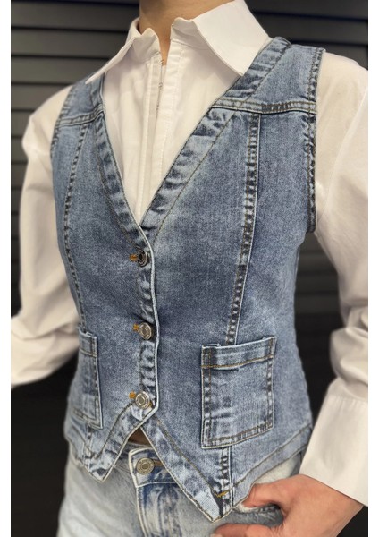 Kadın Cepli Jean Kot Yelek fırsatları