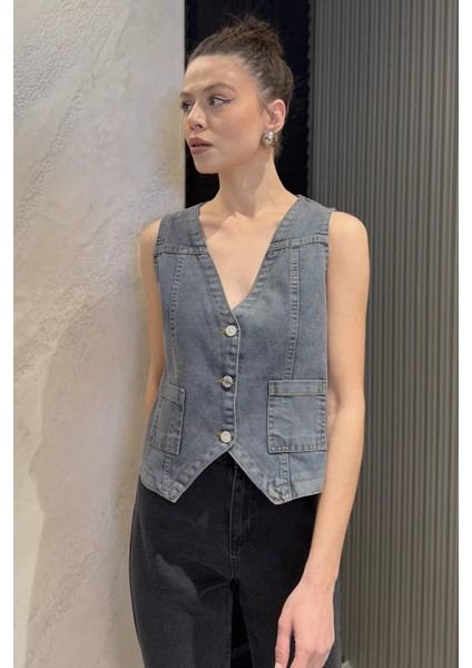 Kadın Cepli Jean Kot Yelek
