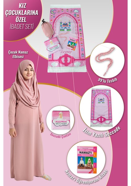 Çantalı Kız Çocuk Namaz Elbisesi, Isimli Seccade, Tesbih ve Namaz Öğreniyorum Kitabı Seti