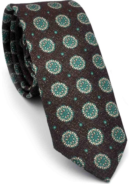 Yeşil Bej Yuvarlak Desenli Kahverengi Dokuma Kumaş Mendilli Slim Fit Kravat // SDK-250206