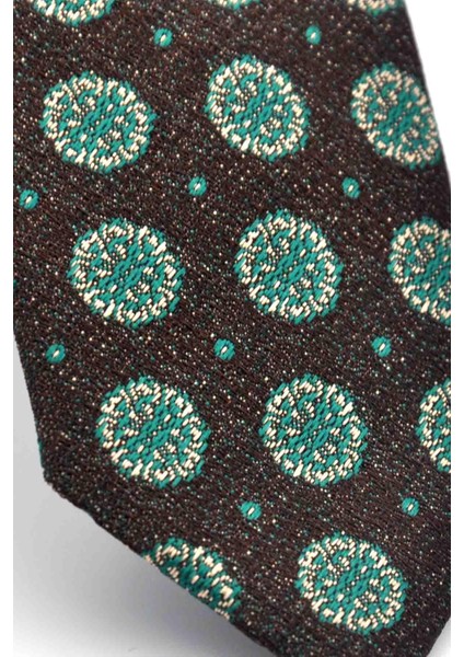 Yeşil Bej Yuvarlak Desenli Kahverengi Dokuma Kumaş Mendilli Slim Fit Kravat // SDK-250206 modelleri