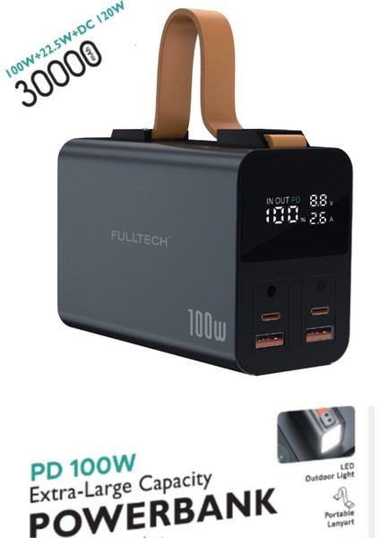 30.000MAH Siyah Kablolu Hızlı Sarj 22.5W Dijital Göstergeli Powebank Fenerli Kamp Ev Ofis Powerbank