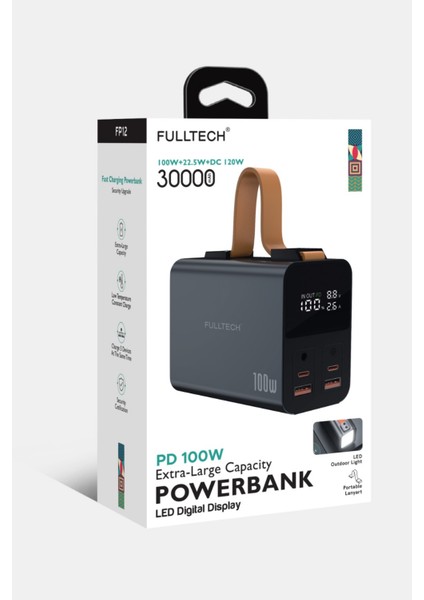 30.000MAH Siyah Kablolu Hızlı Sarj 22.5W Dijital Göstergeli Powebank Fenerli Kamp Ev Ofis Powerbank