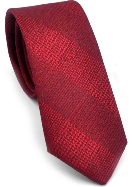 Bordo Kırmızı Verev Desenli Dokuma Kumaş Mendilli Slim Fit Kravat // SDK-250203