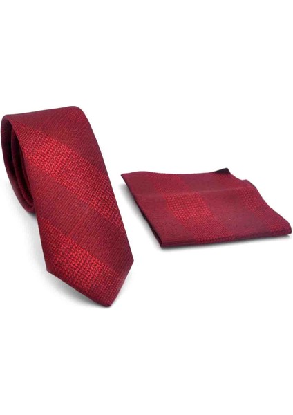 Bordo Kırmızı Verev Desenli Dokuma Kumaş Mendilli Slim Fit Kravat // SDK-250203