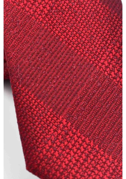 Bordo Kırmızı Verev Desenli Dokuma Kumaş Mendilli Slim Fit Kravat // SDK-250203