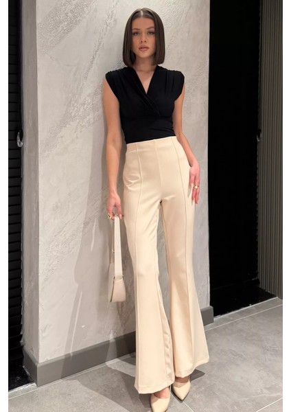 Bel Lastikli Çimalı Kadın İspanyol Paça Pantolon P-00014950