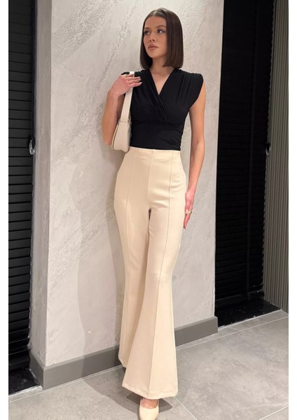 Bel Lastikli Çimalı Kadın İspanyol Paça Pantolon P-00014950