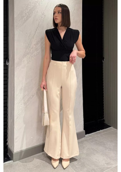 Bel Lastikli Çimalı Kadın İspanyol Paça Pantolon P-00014950