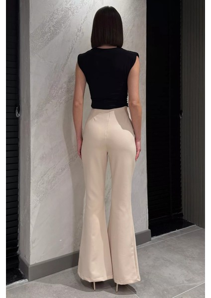 Bel Lastikli Çimalı Kadın İspanyol Paça Pantolon P-00014950