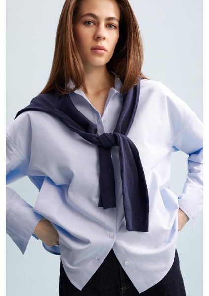 Oversize Geniş Kalıp Basic Düz Oxford Uzun Kollu Gömlek C4597AX24AU