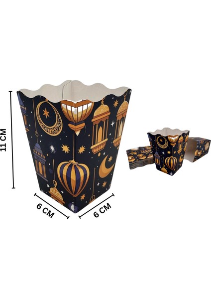 6lı Ramazan Temalı Patlamış Mısır, Şeker Kutusu, Hediye Popcorn, Ikram Kutusu, 6X6X11 Cm, Lacivert