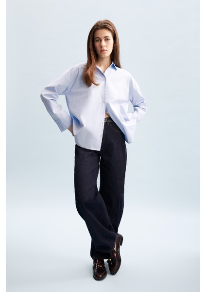 Oversize Geniş Kalıp Basic Düz Oxford Uzun Kollu Gömlek C4597AX24AU