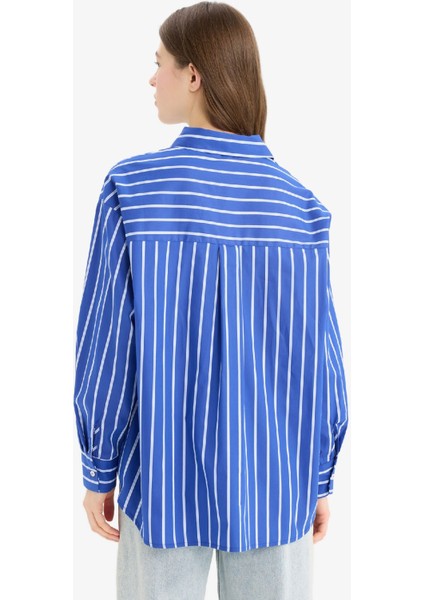 Oversize Geniş Kalıp Çizgili Poplin Uzun Kollu Gömlek E6615AX25SP