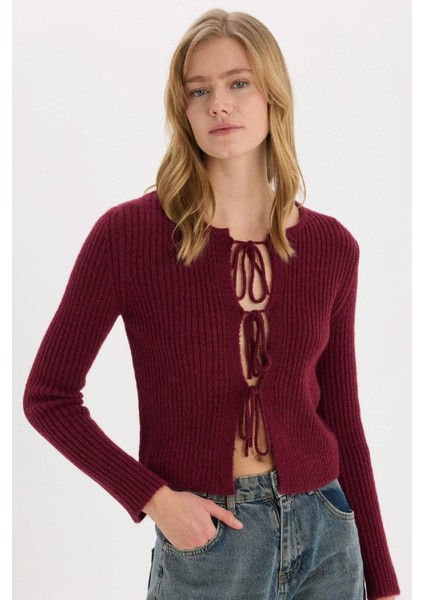 Regular Fit Bisiklet Yaka Bağlamalı Basic Düz Triko Bordo Hırka E6914AX25SP