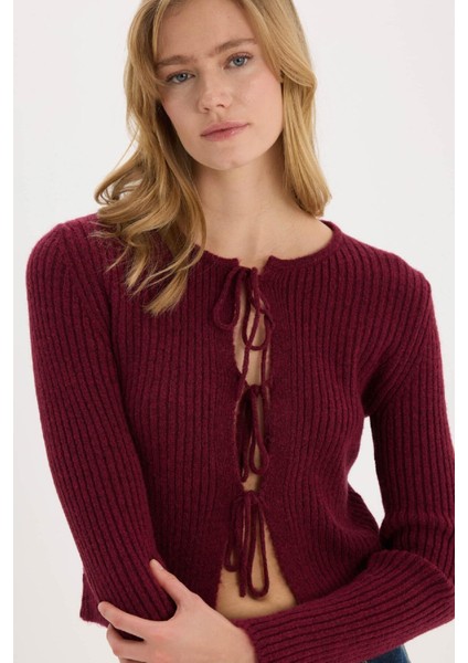 Regular Fit Bisiklet Yaka Bağlamalı Basic Düz Triko Bordo Hırka E6914AX25SP