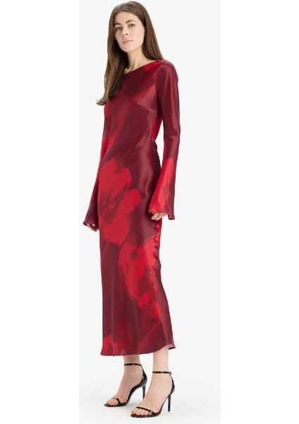 Bisiklet Yaka Batik Saten Uzun Kollu Maxi Abiye Elbise E7451AX25SP